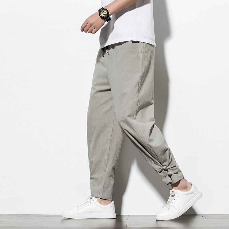 Driftwear Chinese Style Cotton Linen Men’s Track Pants – Casual Loose-Fit Mid-Waist Pants
